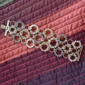 Vintage brass and beaded bracelet, chain maille look snap closure 7" L  2" W.